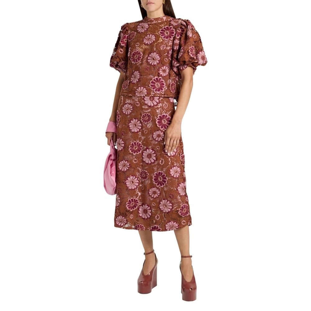 Farm Rio Brown Gigi Tapestry Guipure Lace Midi Skirt Pink Floral NWOT Sz M